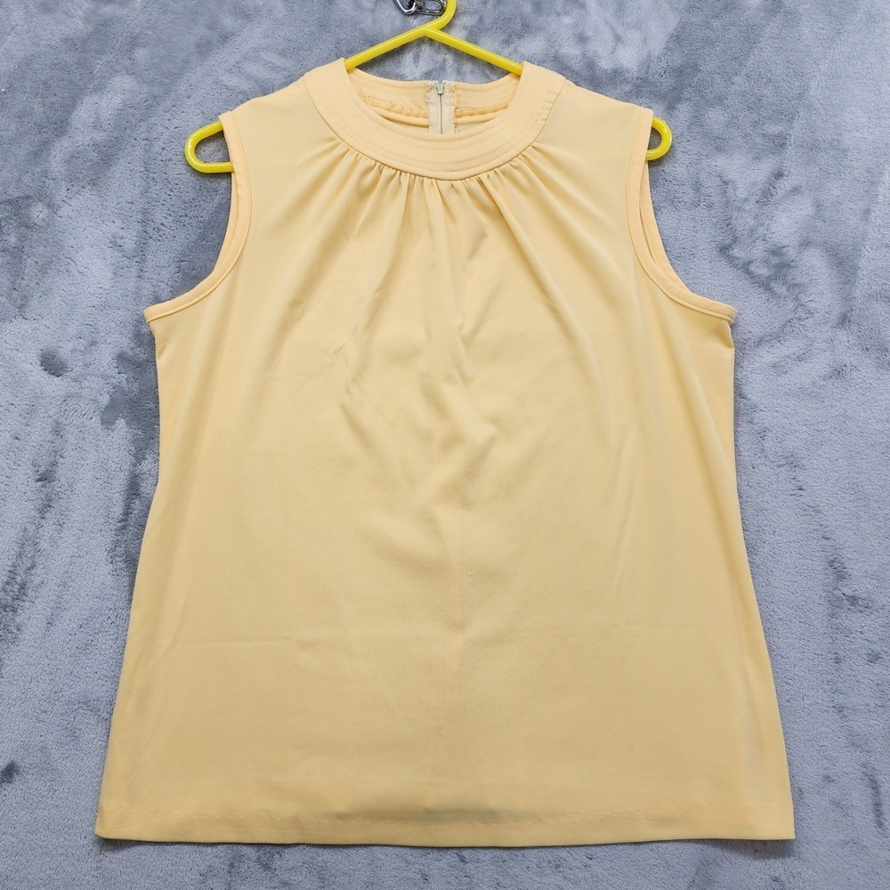 Vintage Top Womens L Yellow Crew Neck Pleated Sleeveless Blouse Back Zip Stretch